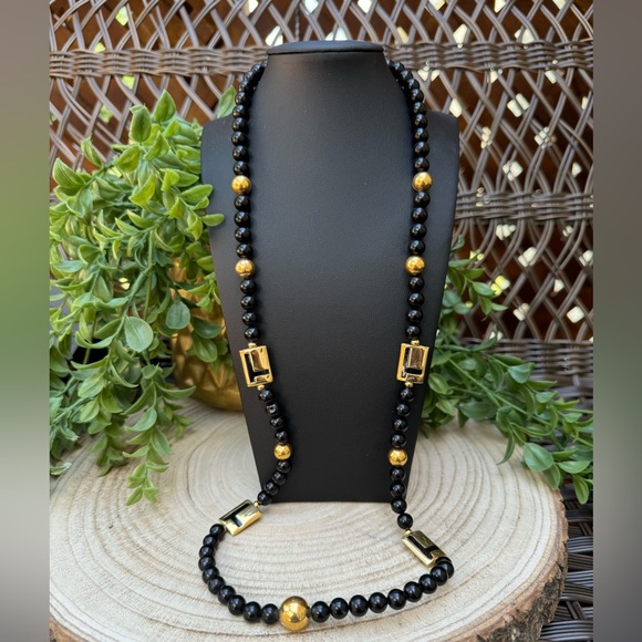 Napier Signed Black and Gold Beaded Long Necklace - Picture 2 of 5